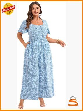 Plus Size Long Jumpsuit Square Neck Ruffle Sleeve Wide Leg Romper Pockets